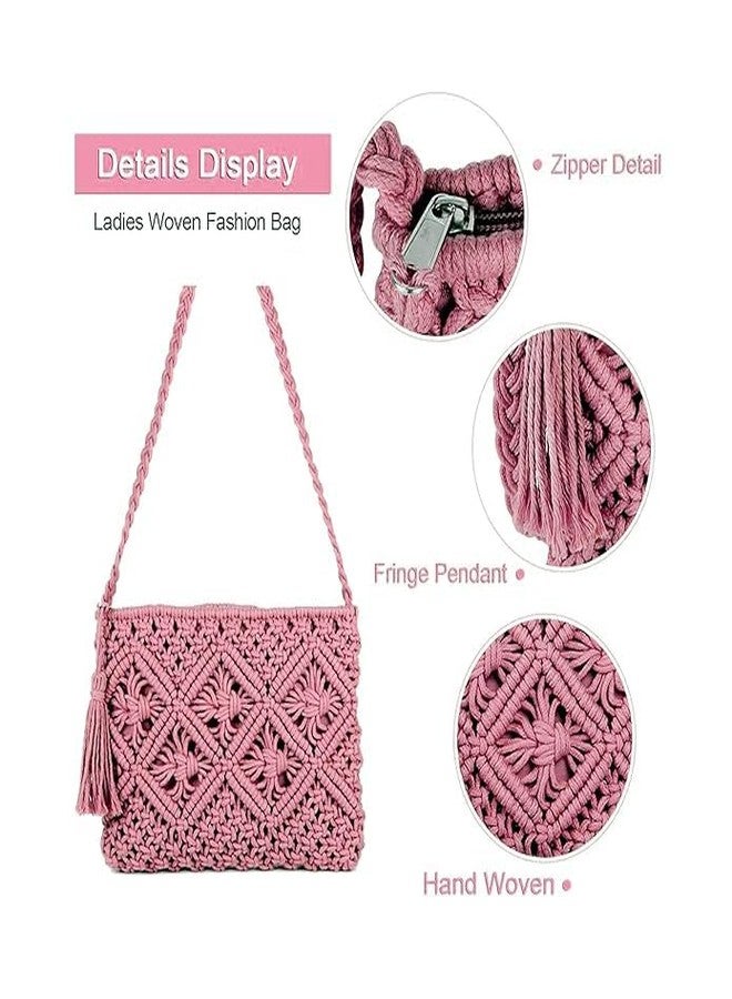 Urooz Women Macrame Cross-Body Boho Chic Handmade Natural Fiber Cord Yarn Small Mini Casual Festival Beach Bohemian Fringe Tassel Woven Textile PINK COLOUR - Image 4